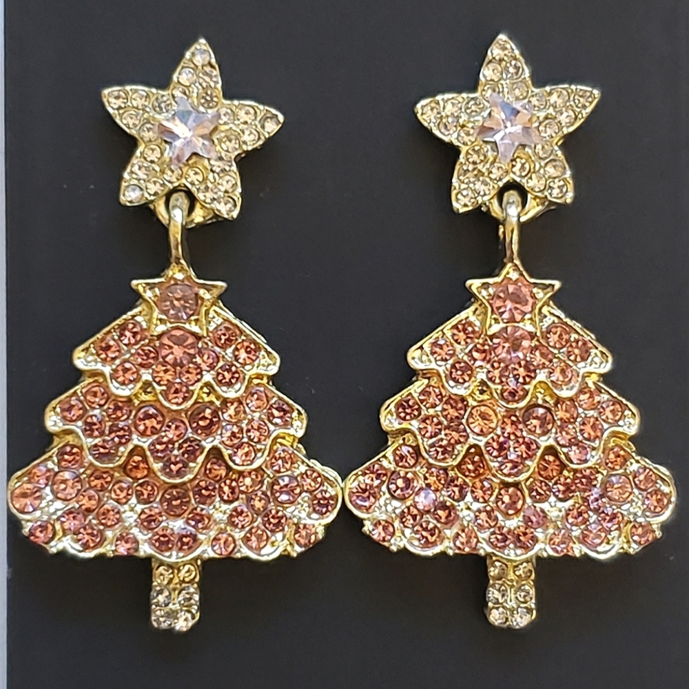 Pink Gold Silver Rhinestone Christmas tree earrings